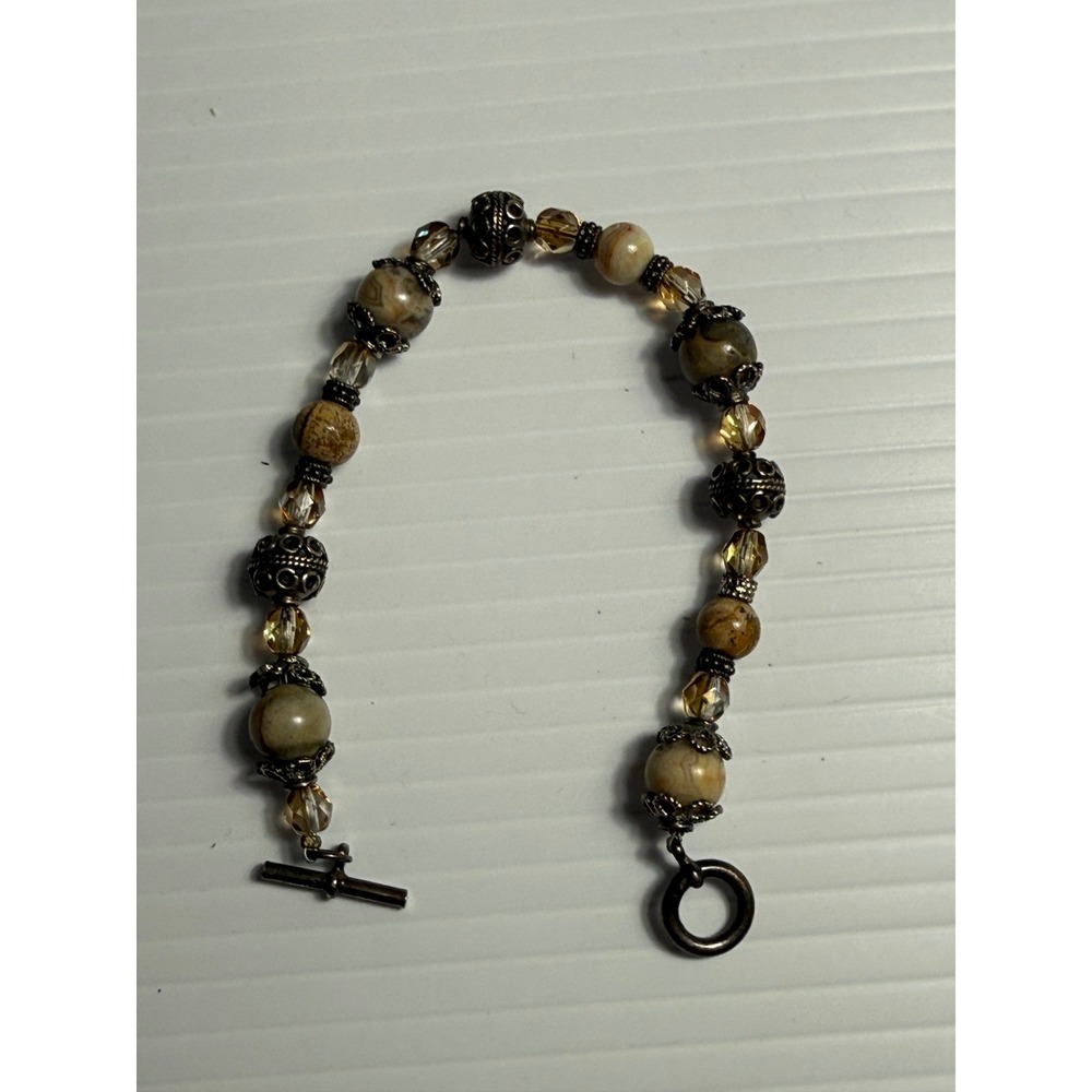 Boho Style Beaded Bracelet Round Stone Bronze Toggle Clasp Jewelry